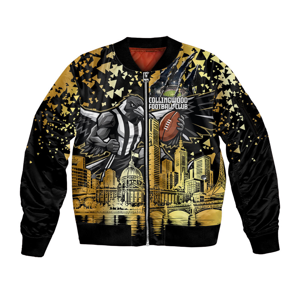 Personalised Collingwood Magpies City Of Football Team Sleeve Zip Bomber Jacket Melbourne City Skyline Illustration Sport Fan