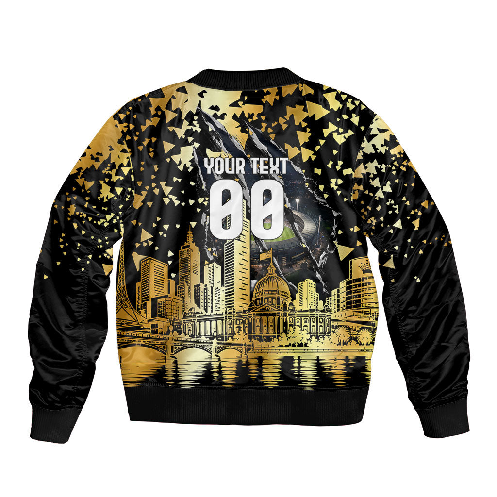 Personalised Collingwood Magpies City Of Football Team Sleeve Zip Bomber Jacket Melbourne City Skyline Illustration Sport Fan