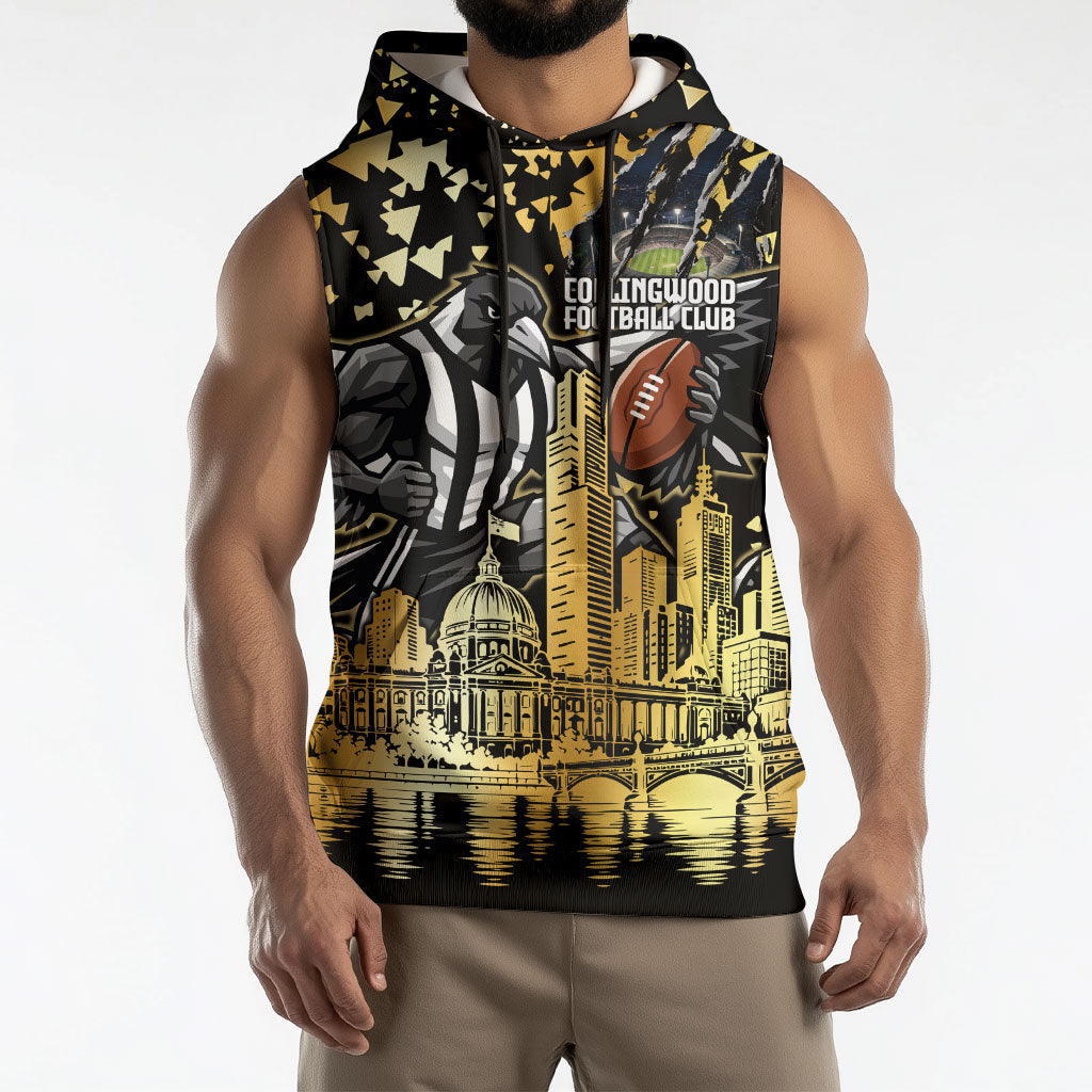 Personalised Collingwood Magpies City Of Football Team Sleeveless Hoodie Melbourne City Skyline Illustration Sport Fan