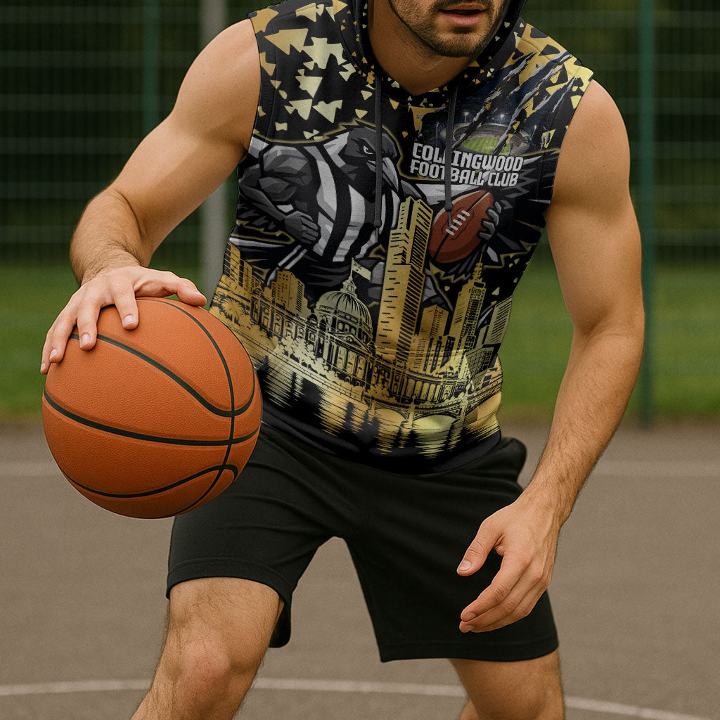 Personalised Collingwood Magpies City Of Football Team Sleeveless Hoodie Melbourne City Skyline Illustration Sport Fan