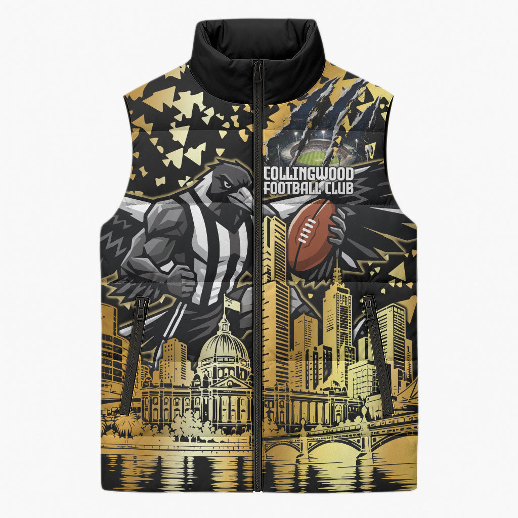 Personalised Collingwood Magpies City Of Football Team Sleeveless Puffer Jacket Melbourne City Skyline Illustration Sport Fan