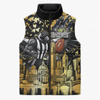 Personalised Collingwood Magpies City Of Football Team Sleeveless Puffer Jacket Melbourne City Skyline Illustration Sport Fan