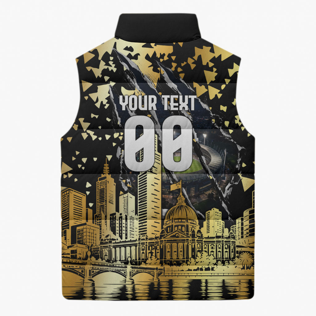 Personalised Collingwood Magpies City Of Football Team Sleeveless Puffer Jacket Melbourne City Skyline Illustration Sport Fan