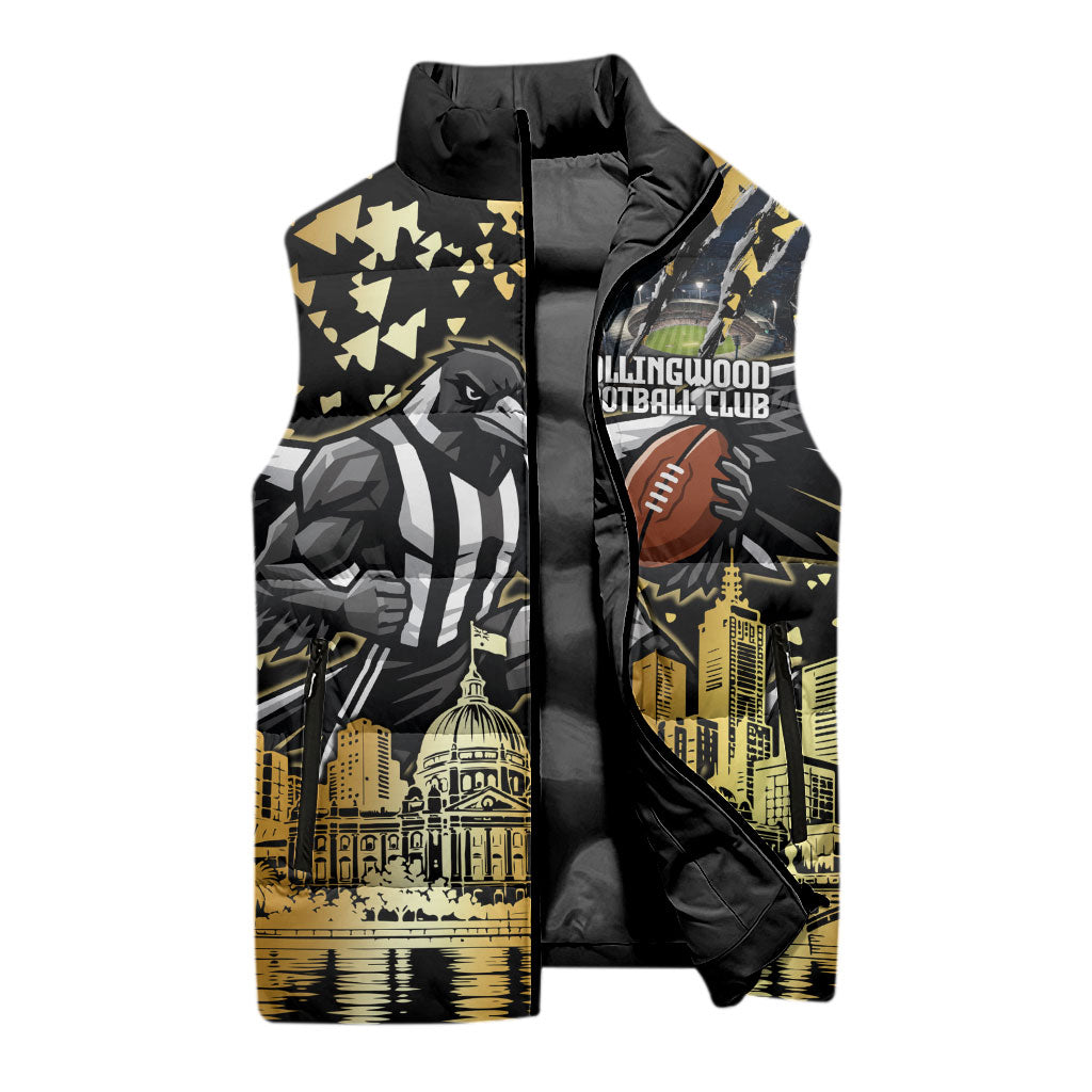 Personalised Collingwood Magpies City Of Football Team Sleeveless Puffer Jacket Melbourne City Skyline Illustration Sport Fan