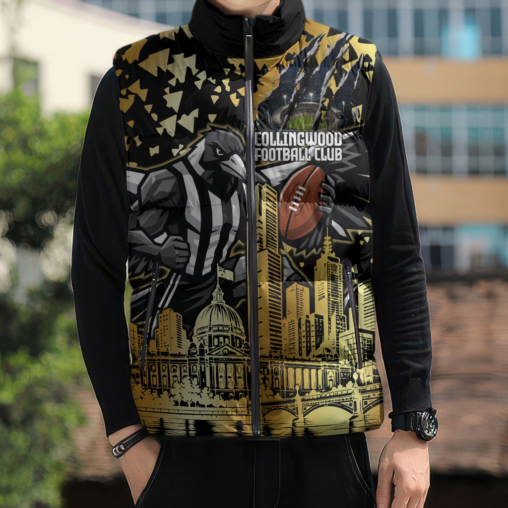 Personalised Collingwood Magpies City Of Football Team Sleeveless Puffer Jacket Melbourne City Skyline Illustration Sport Fan