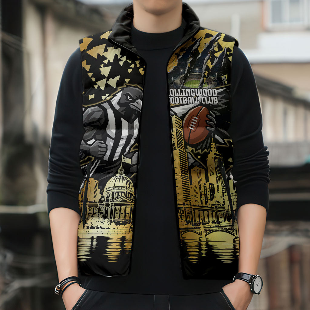 Personalised Collingwood Magpies City Of Football Team Sleeveless Puffer Jacket Melbourne City Skyline Illustration Sport Fan