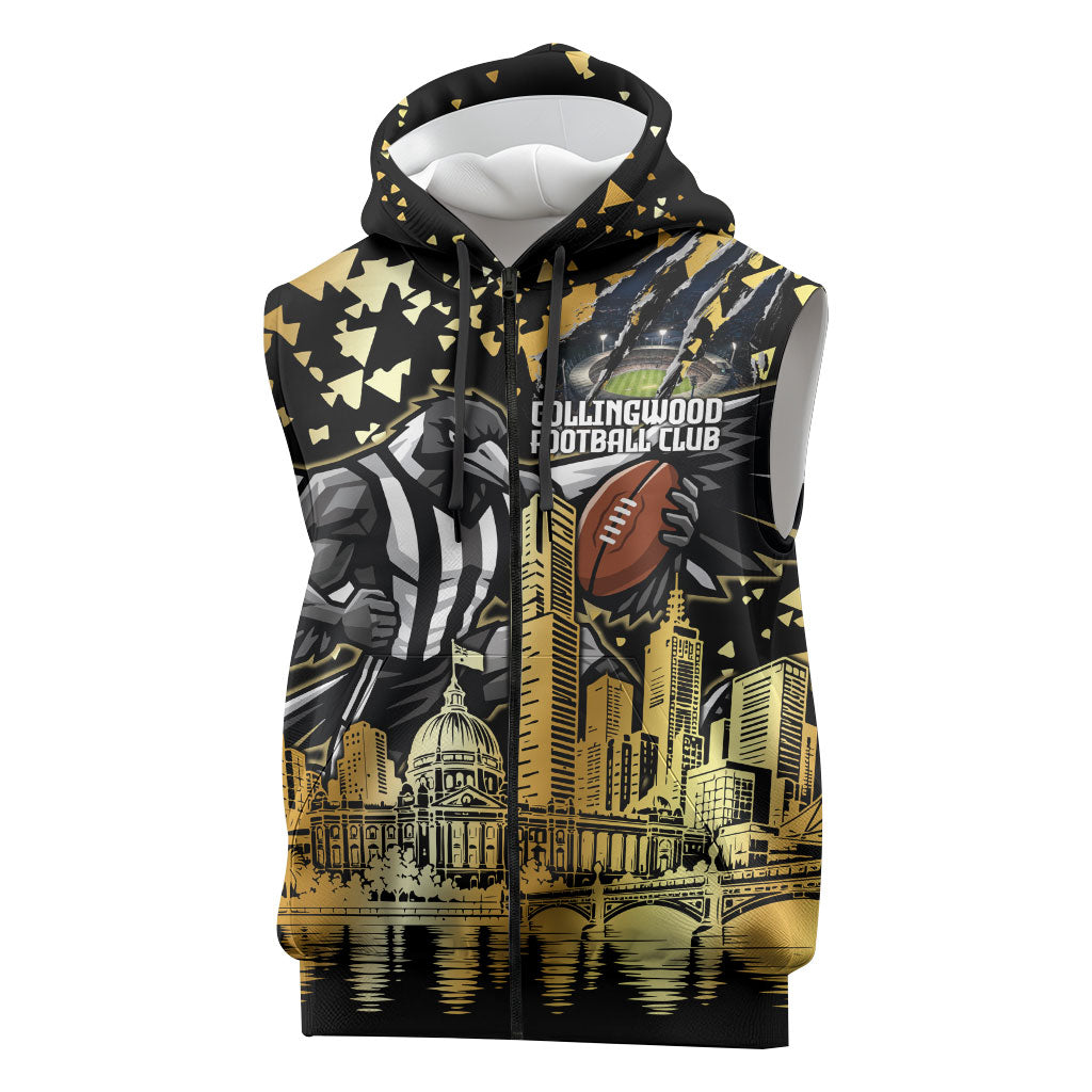 Personalised Collingwood Magpies City Of Football Team Sleeveless Zip Hoodie Melbourne City Skyline Illustration Sport Fan
