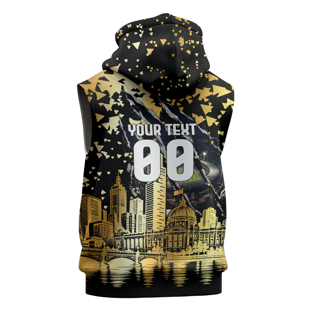 Personalised Collingwood Magpies City Of Football Team Sleeveless Zip Hoodie Melbourne City Skyline Illustration Sport Fan