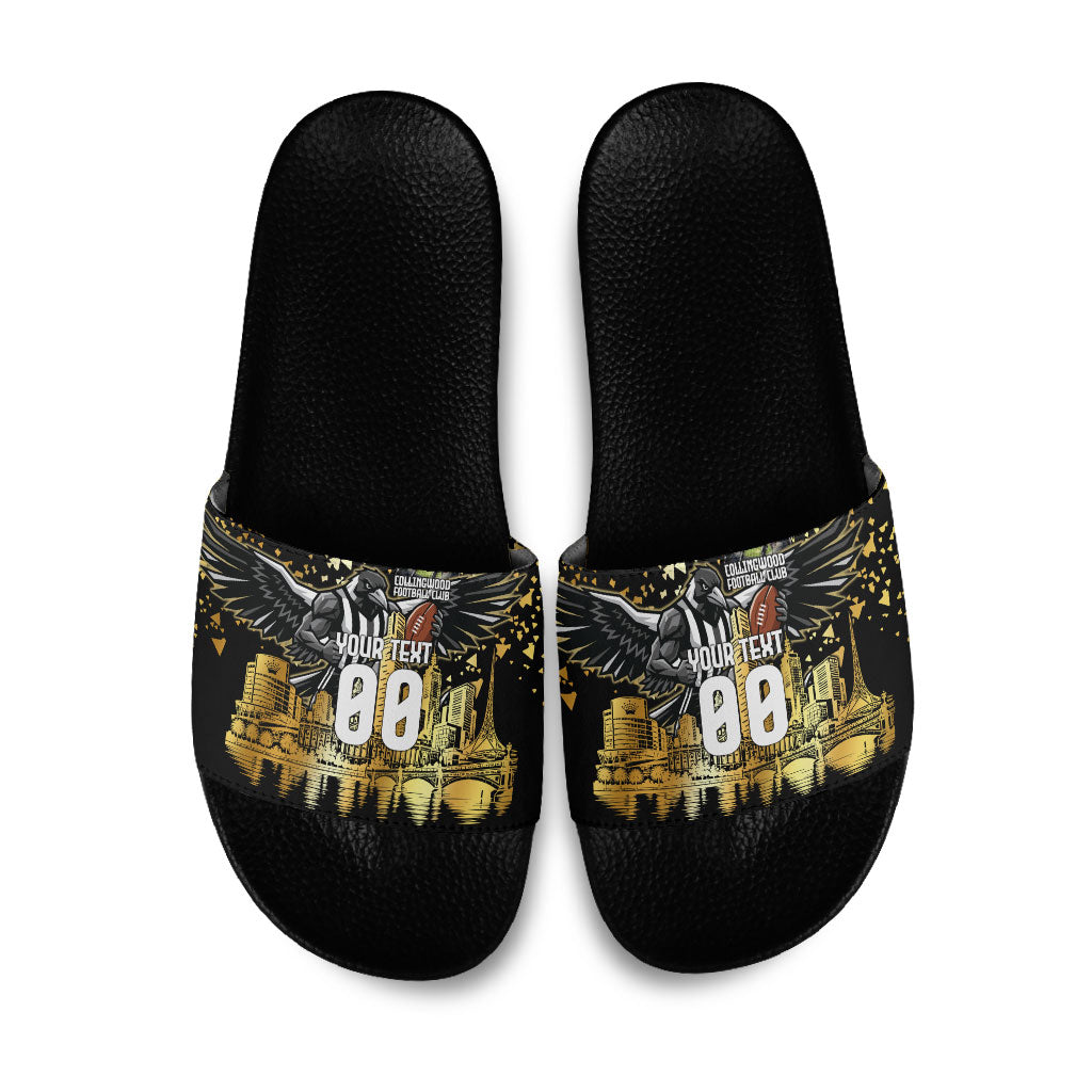 Personalised Collingwood Magpies City Of Football Team Slide Sandals Melbourne City Skyline Illustration Sport Fan