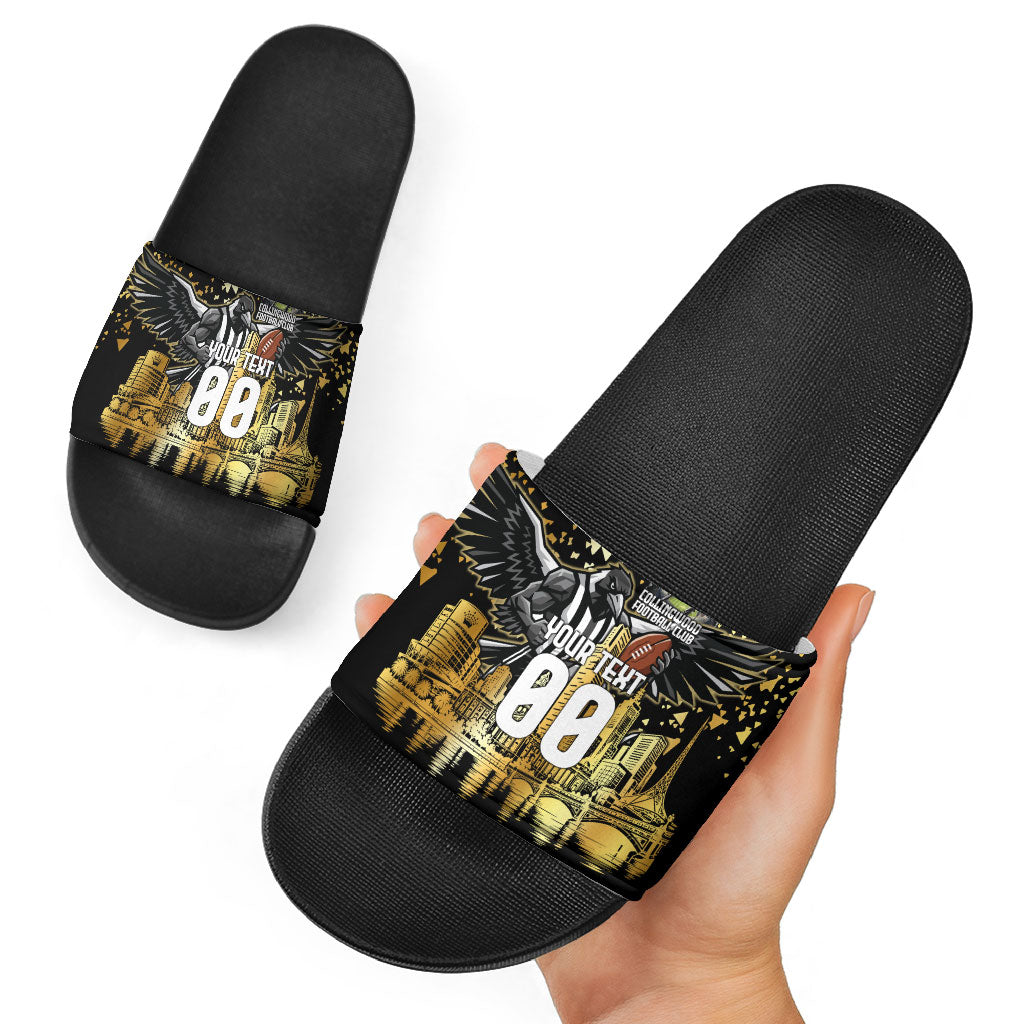 Personalised Collingwood Magpies City Of Football Team Slide Sandals Melbourne City Skyline Illustration Sport Fan