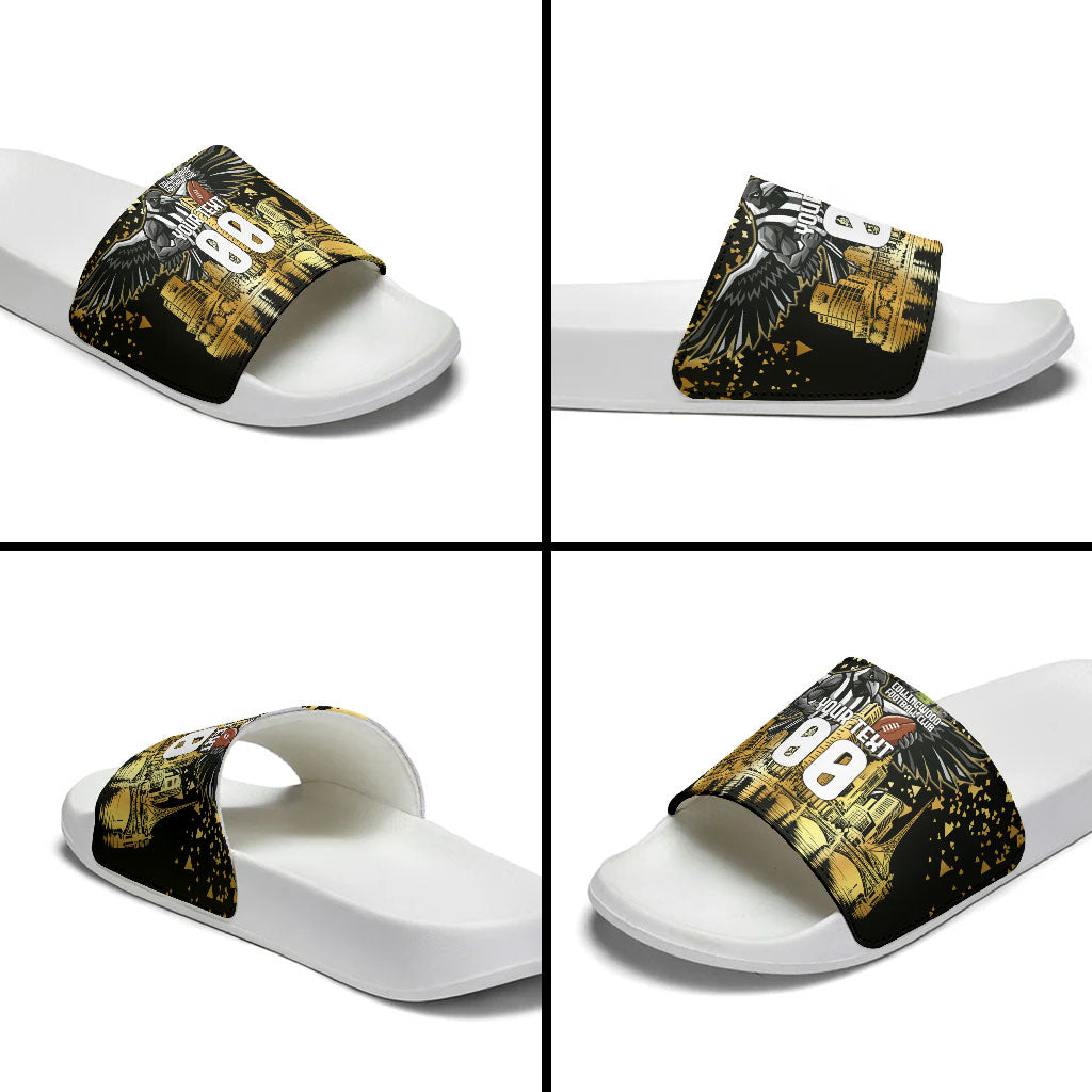 Personalised Collingwood Magpies City Of Football Team Slide Sandals Melbourne City Skyline Illustration Sport Fan
