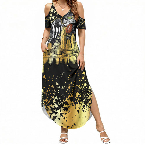 Personalised Collingwood Magpies City Of Football Team Summer Maxi Dress Melbourne City Skyline Illustration Sport Fan