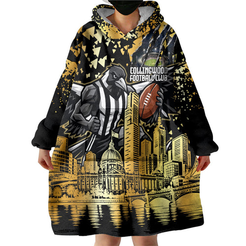 Personalised Collingwood Magpies City Of Football Team Wearable Blanket Hoodie Melbourne City Skyline Illustration Sport Fan