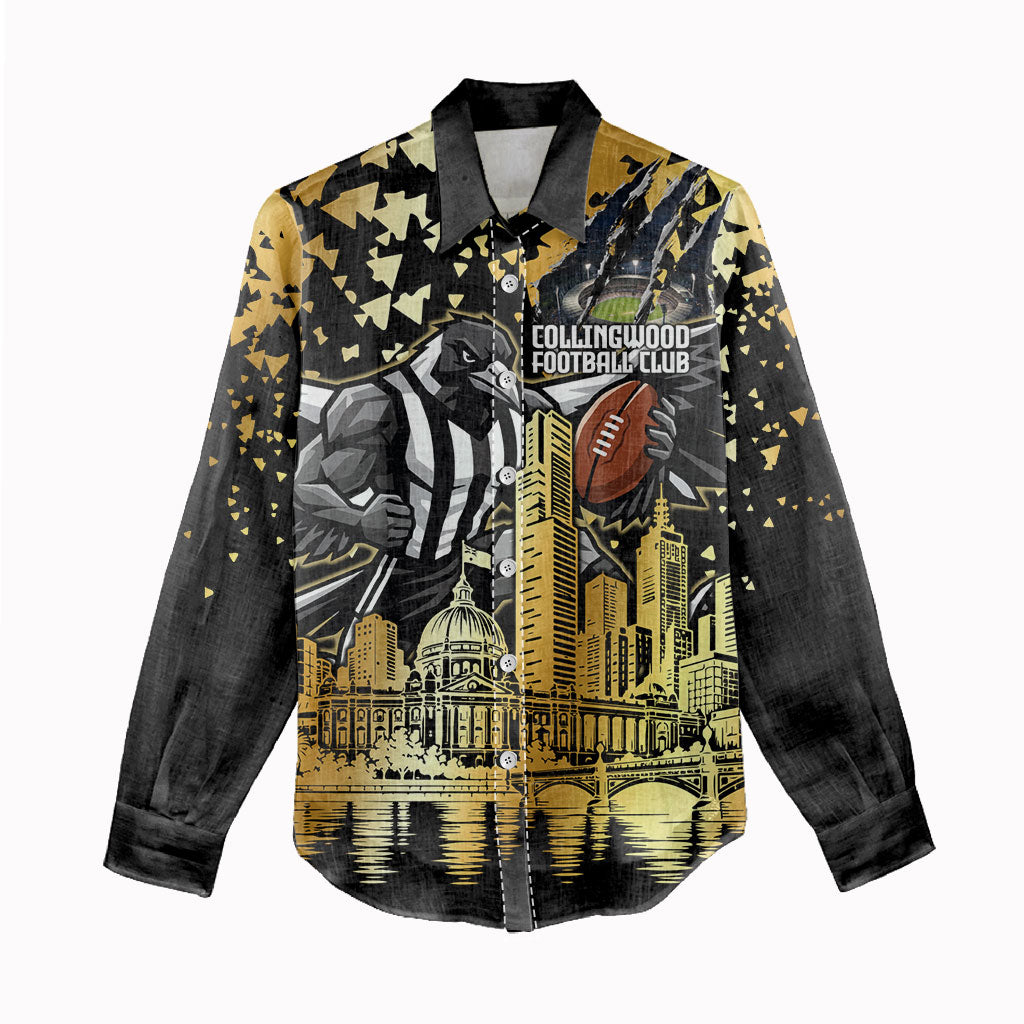Personalised Collingwood Magpies City Of Football Team Women Casual Shirt Melbourne City Skyline Illustration Sport Fan