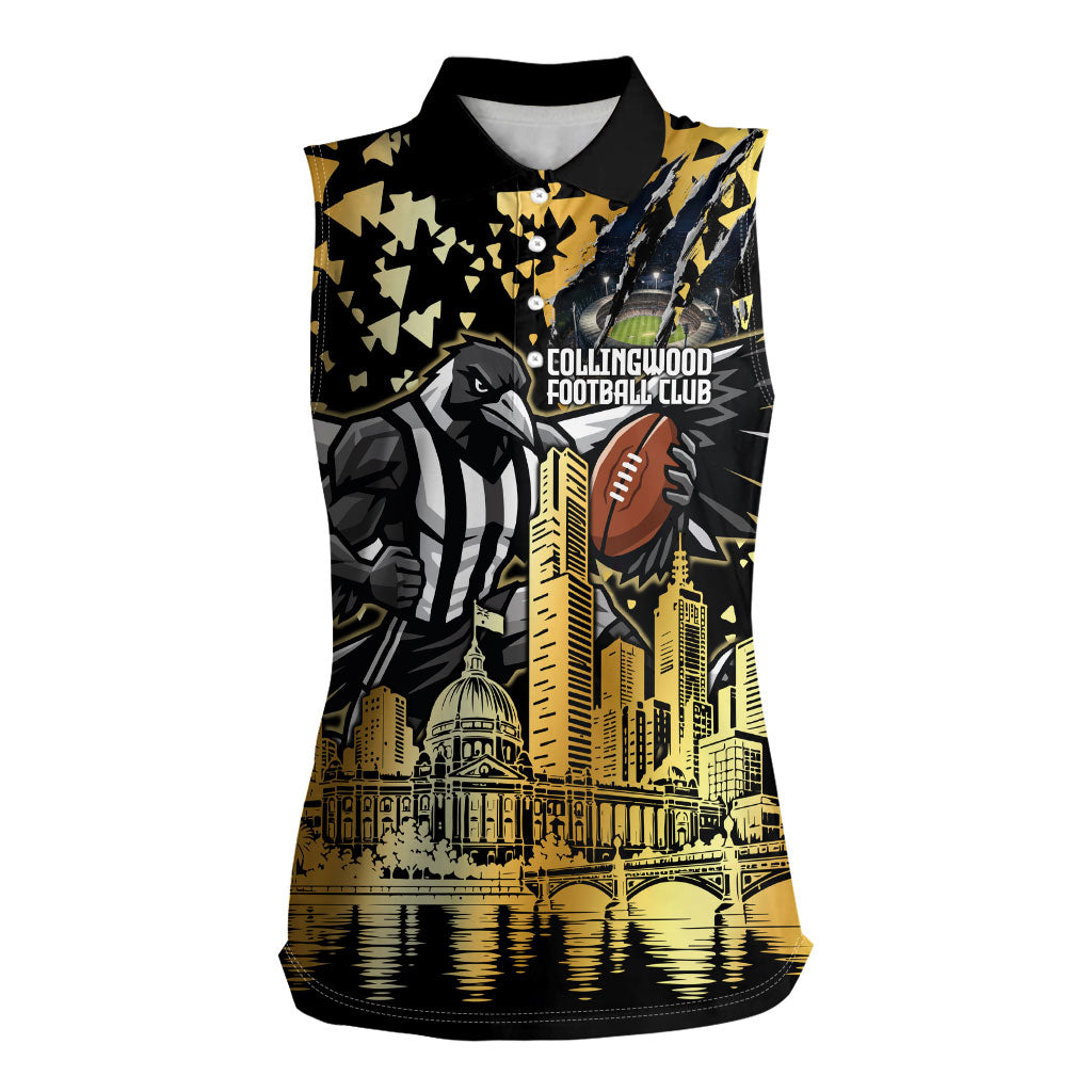 Personalised Collingwood Magpies City Of Football Team Women Sleeveless Polo Shirt Melbourne City Skyline Illustration Sport Fan