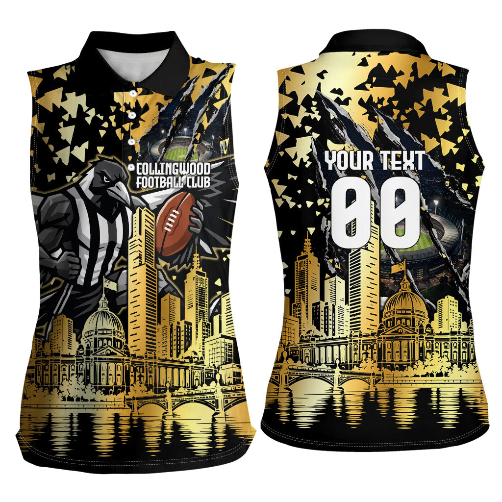 Personalised Collingwood Magpies City Of Football Team Women Sleeveless Polo Shirt Melbourne City Skyline Illustration Sport Fan