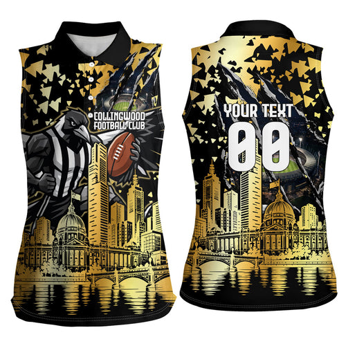 Personalised Collingwood Magpies City Of Football Team Women Sleeveless Polo Shirt Melbourne City Skyline Illustration Sport Fan