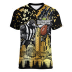 Personalised Collingwood Magpies City Of Football Team Women V-Neck T-Shirt Melbourne City Skyline Illustration Sport Fan
