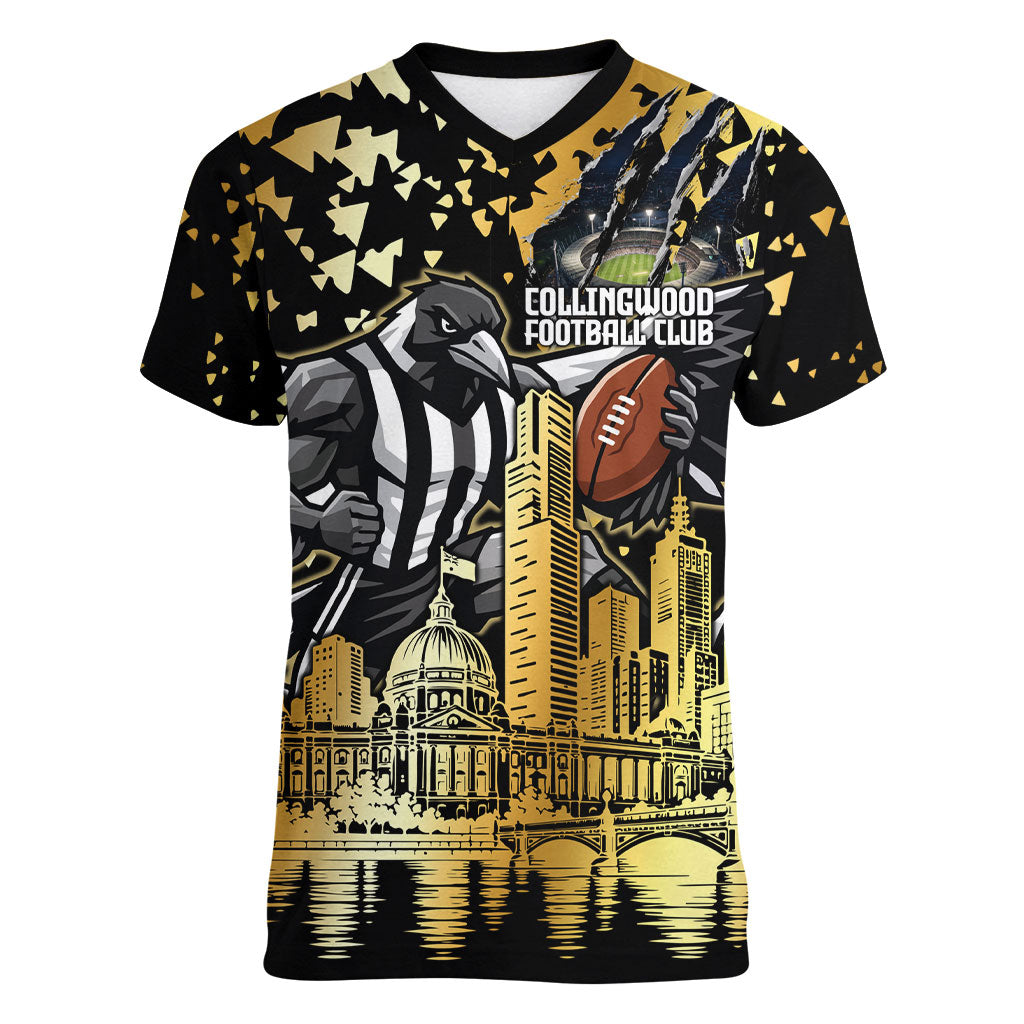 Personalised Collingwood Magpies City Of Football Team Women V-Neck T-Shirt Melbourne City Skyline Illustration Sport Fan