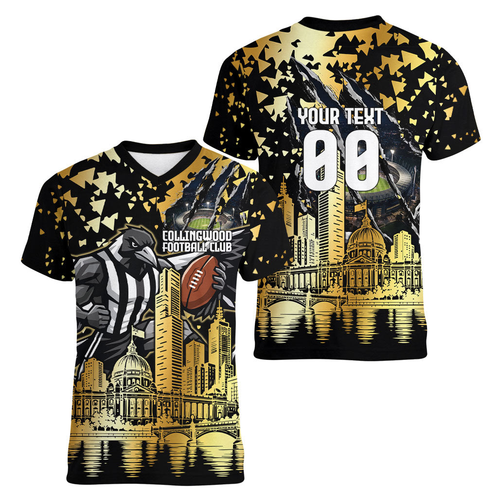 Personalised Collingwood Magpies City Of Football Team Women V-Neck T-Shirt Melbourne City Skyline Illustration Sport Fan