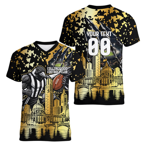 Personalised Collingwood Magpies City Of Football Team Women V-Neck T-Shirt Melbourne City Skyline Illustration Sport Fan