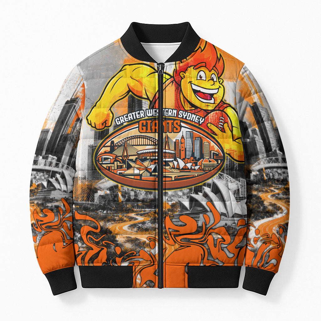 Personalised Greater Western Sydney Giants City Of Football Team Bomber Puffer Jacket Sydney City Skyline Illustration Sport Fan