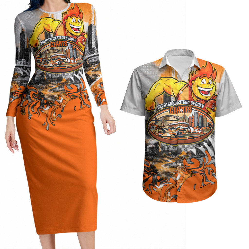 Personalised Greater Western Sydney Giants City Of Football Team Couples Matching Long Sleeve Bodycon Dress and Hawaiian Shirt Sydney City Skyline Illustration Sport Fan