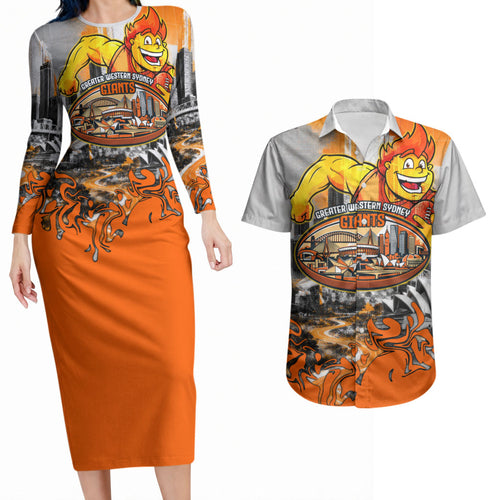 Personalised Greater Western Sydney Giants City Of Football Team Couples Matching Long Sleeve Bodycon Dress and Hawaiian Shirt Sydney City Skyline Illustration Sport Fan
