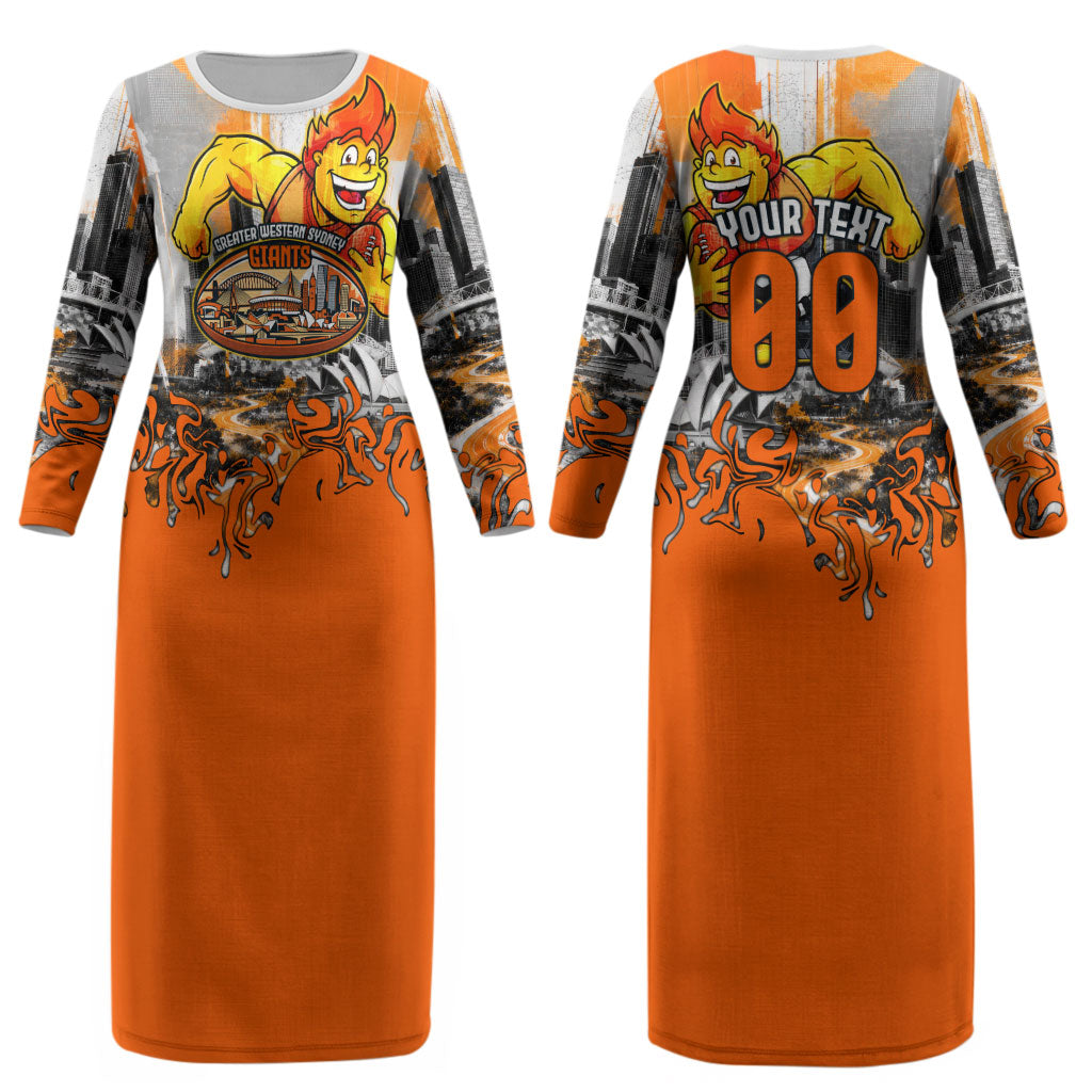 Personalised Greater Western Sydney Giants City Of Football Team Couples Matching Long Sleeve Bodycon Dress and Hawaiian Shirt Sydney City Skyline Illustration Sport Fan