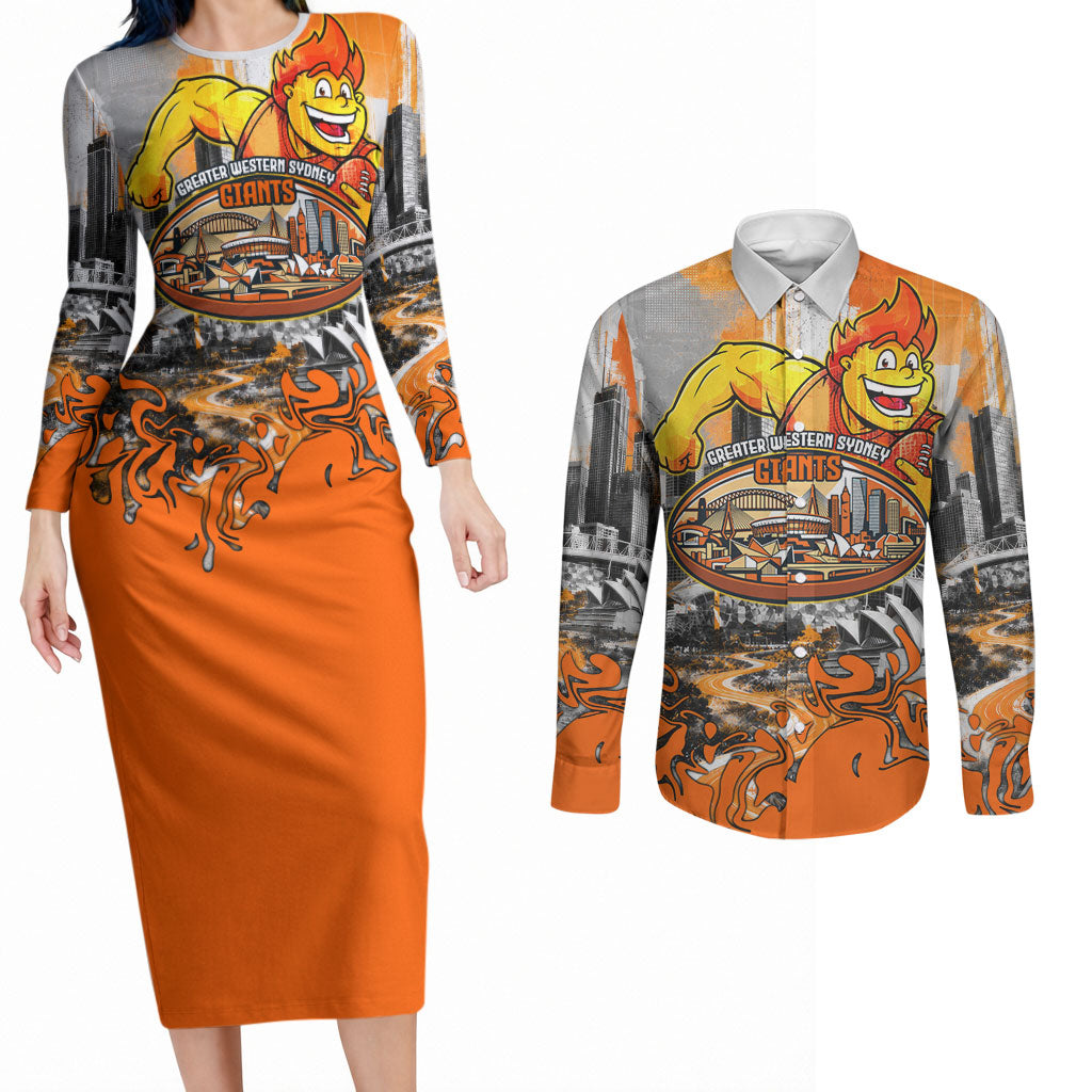 Personalised Greater Western Sydney Giants City Of Football Team Couples Matching Long Sleeve Bodycon Dress and Long Sleeve Button Shirt Sydney City Skyline Illustration Sport Fan