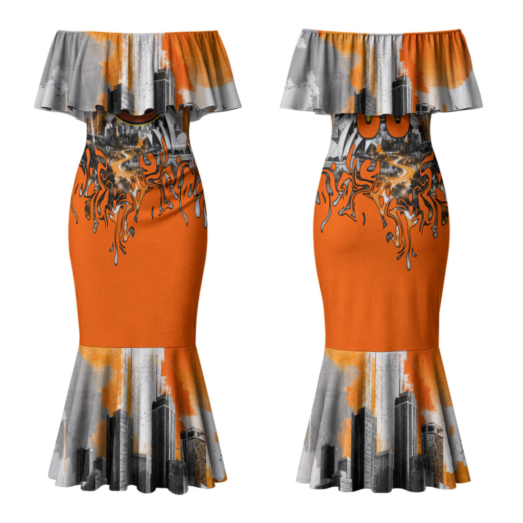 Personalised Greater Western Sydney Giants City Of Football Team Couples Matching Mermaid Dress and Long Sleeve Button Shirt Sydney City Skyline Illustration Sport Fan