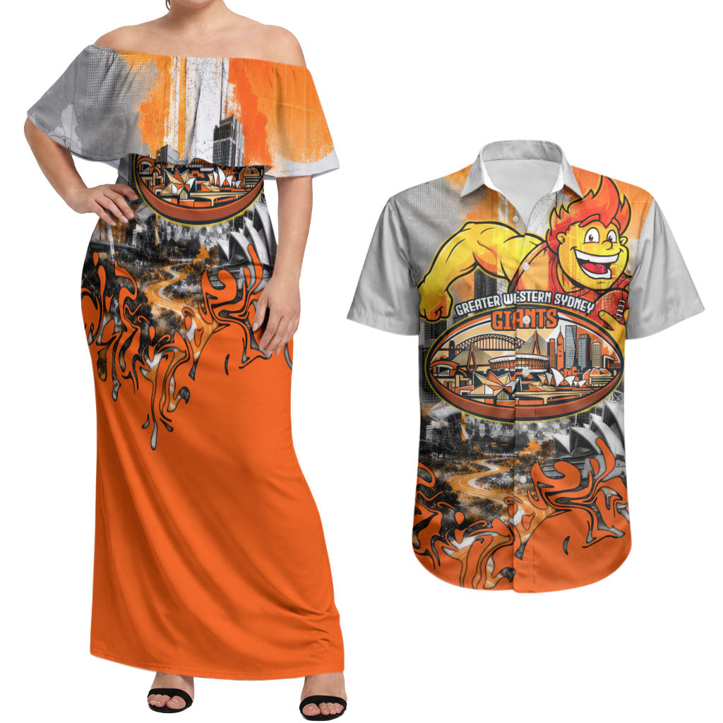 Personalised Greater Western Sydney Giants City Of Football Team Couples Matching Off Shoulder Maxi Dress and Hawaiian Shirt Sydney City Skyline Illustration Sport Fan