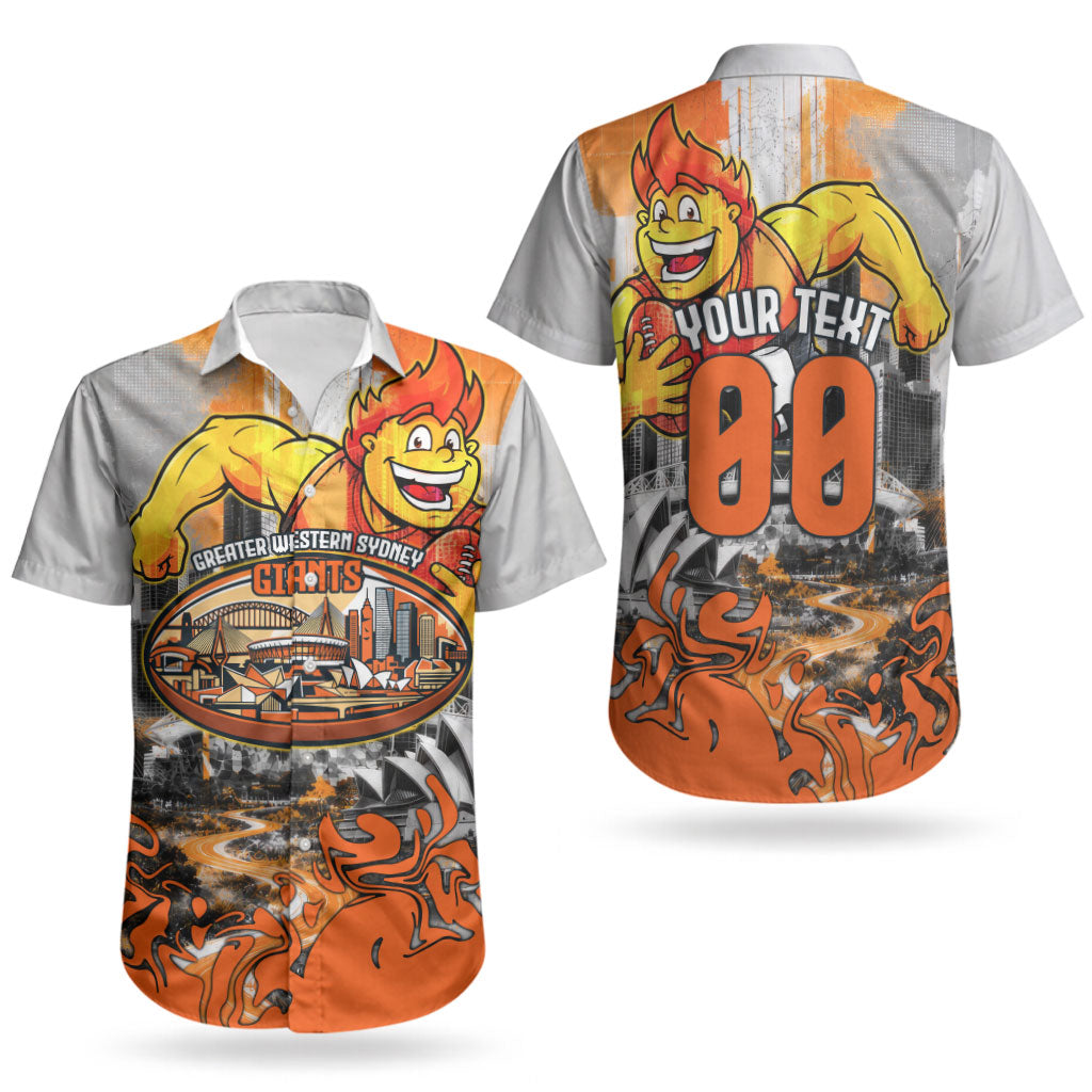 Personalised Greater Western Sydney Giants City Of Football Team Couples Matching Off Shoulder Maxi Dress and Hawaiian Shirt Sydney City Skyline Illustration Sport Fan
