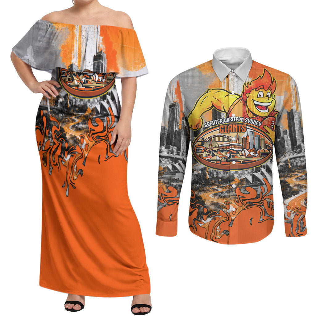 Personalised Greater Western Sydney Giants City Of Football Team Couples Matching Off Shoulder Maxi Dress and Long Sleeve Button Shirt Sydney City Skyline Illustration Sport Fan
