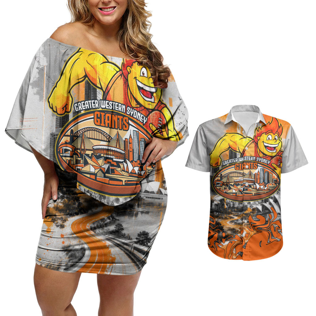 Personalised Greater Western Sydney Giants City Of Football Team Couples Matching Off Shoulder Short Dress and Hawaiian Shirt Sydney City Skyline Illustration Sport Fan