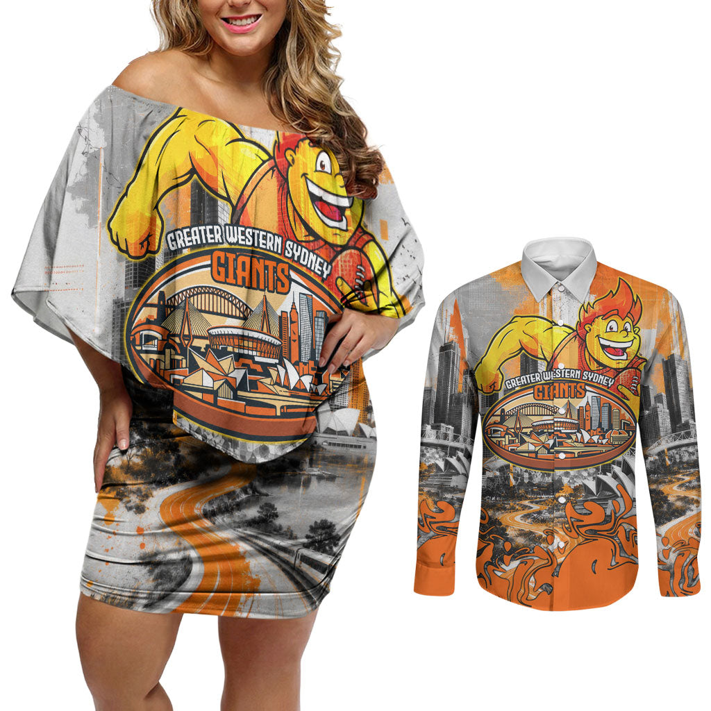 Personalised Greater Western Sydney Giants City Of Football Team Couples Matching Off Shoulder Short Dress and Long Sleeve Button Shirt Sydney City Skyline Illustration Sport Fan