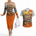 Personalised Greater Western Sydney Giants City Of Football Team Couples Matching Off The Shoulder Long Sleeve Dress and Hawaiian Shirt Sydney City Skyline Illustration Sport Fan