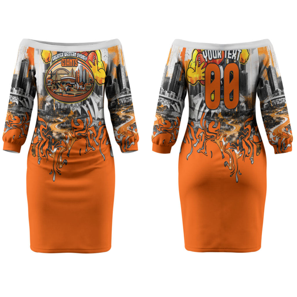 Personalised Greater Western Sydney Giants City Of Football Team Couples Matching Off The Shoulder Long Sleeve Dress and Long Sleeve Button Shirt Sydney City Skyline Illustration Sport Fan