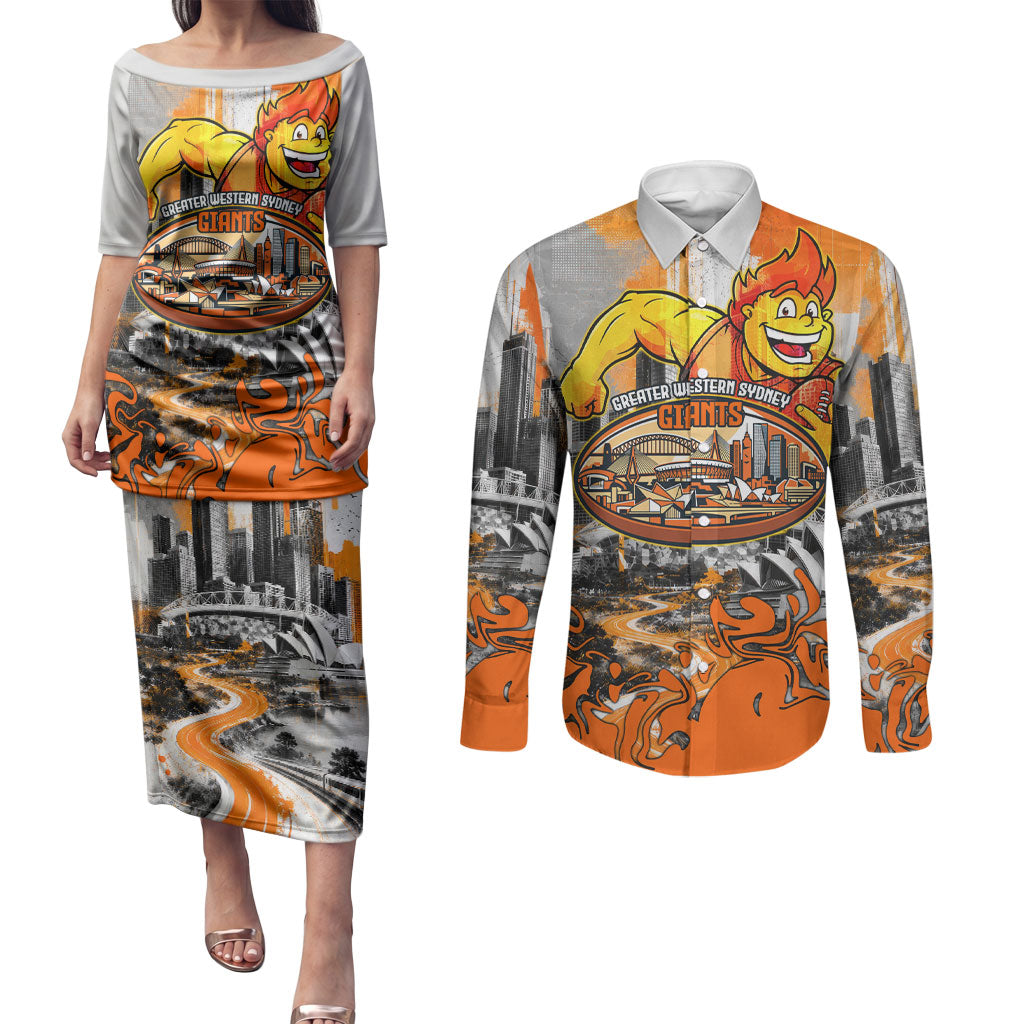 Personalised Greater Western Sydney Giants City Of Football Team Couples Matching Puletasi and Long Sleeve Button Shirt Sydney City Skyline Illustration Sport Fan