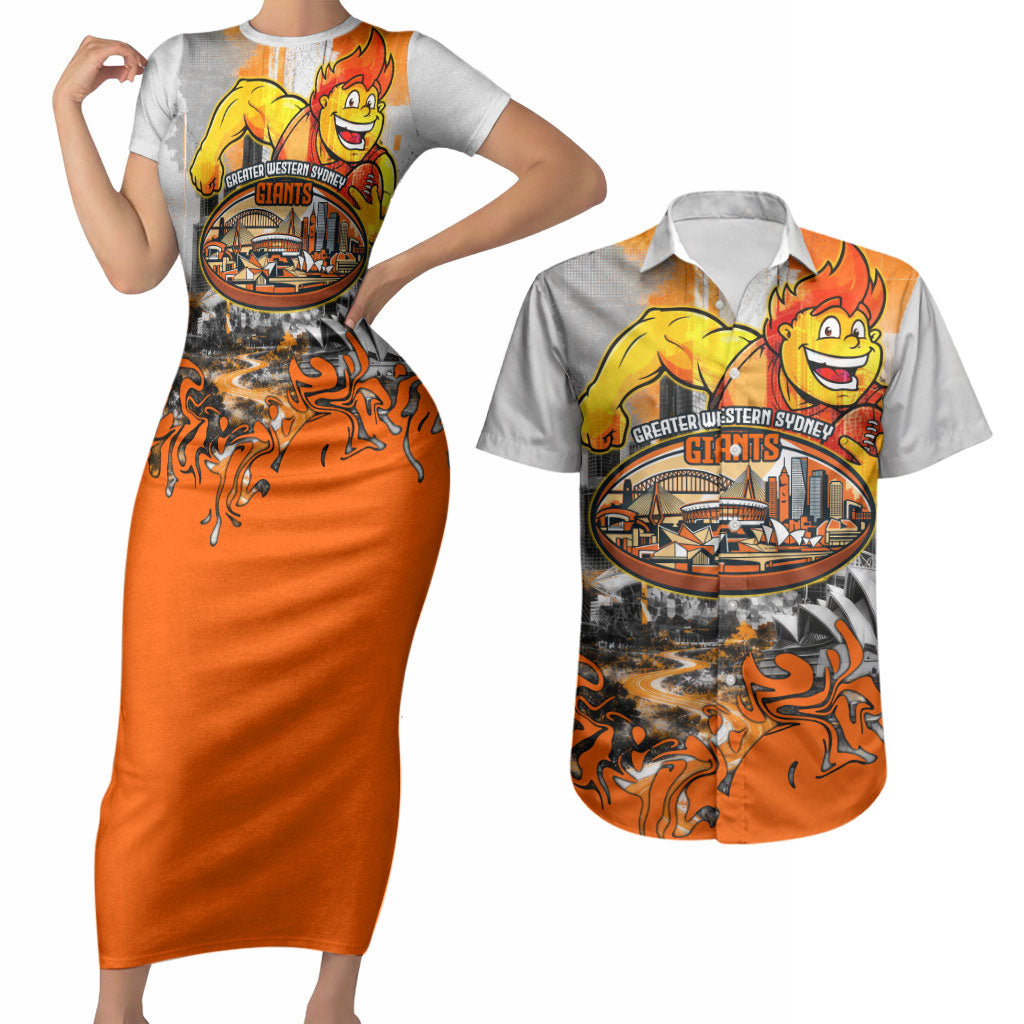 Personalised Greater Western Sydney Giants City Of Football Team Couples Matching Short Sleeve Bodycon Dress and Hawaiian Shirt Sydney City Skyline Illustration Sport Fan