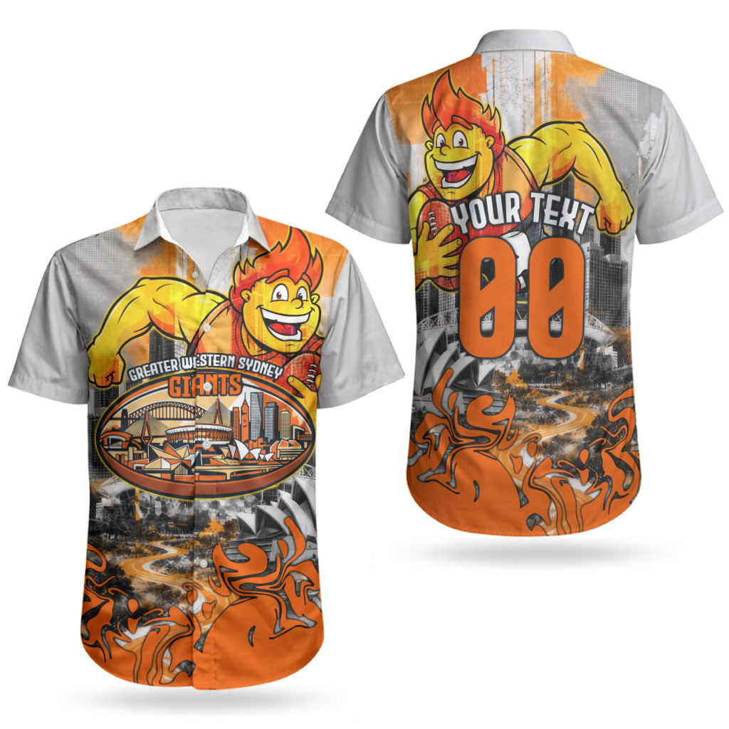 Personalised Greater Western Sydney Giants City Of Football Team Couples Matching Short Sleeve Bodycon Dress and Hawaiian Shirt Sydney City Skyline Illustration Sport Fan
