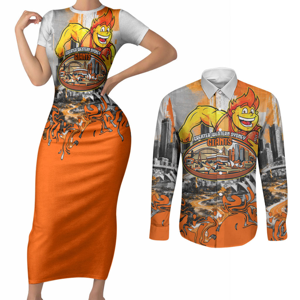 Personalised Greater Western Sydney Giants City Of Football Team Couples Matching Short Sleeve Bodycon Dress and Long Sleeve Button Shirt Sydney City Skyline Illustration Sport Fan