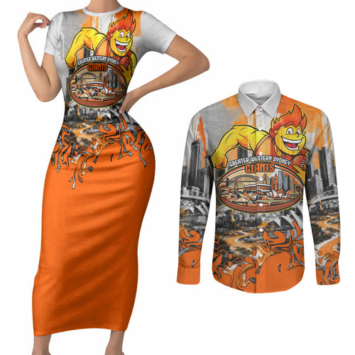 Personalised Greater Western Sydney Giants City Of Football Team Couples Matching Short Sleeve Bodycon Dress and Long Sleeve Button Shirt Sydney City Skyline Illustration Sport Fan