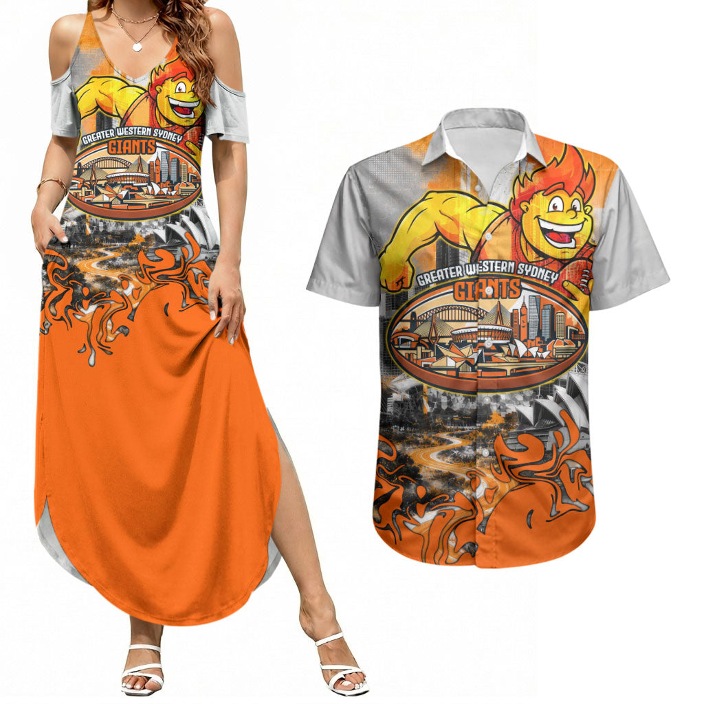 Personalised Greater Western Sydney Giants City Of Football Team Couples Matching Summer Maxi Dress and Hawaiian Shirt Sydney City Skyline Illustration Sport Fan