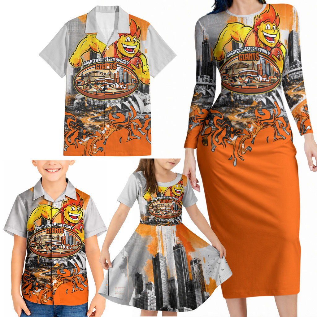 Personalised Greater Western Sydney Giants City Of Football Team Family Matching Long Sleeve Bodycon Dress and Hawaiian Shirt Sydney City Skyline Illustration Sport Fan