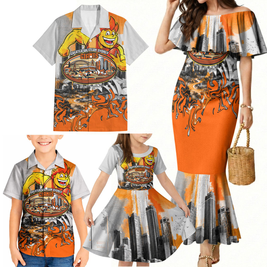Personalised Greater Western Sydney Giants City Of Football Team Family Matching Mermaid Dress and Hawaiian Shirt Sydney City Skyline Illustration Sport Fan