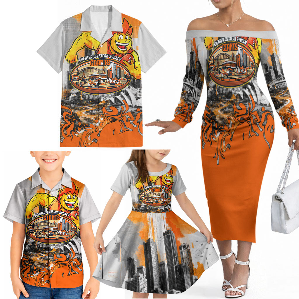 Personalised Greater Western Sydney Giants City Of Football Team Family Matching Off The Shoulder Long Sleeve Dress and Hawaiian Shirt Sydney City Skyline Illustration Sport Fan