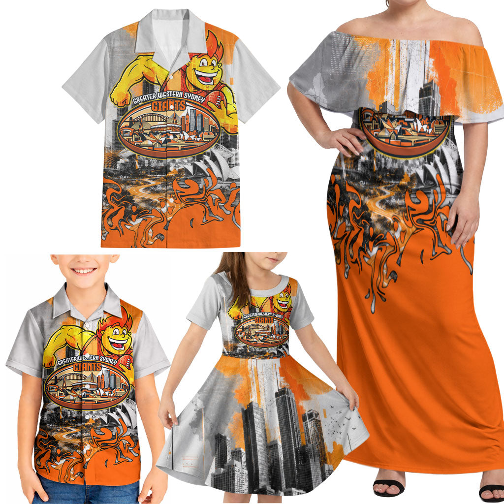 Personalised Greater Western Sydney Giants City Of Football Team Family Matching Off Shoulder Maxi Dress and Hawaiian Shirt Sydney City Skyline Illustration Sport Fan