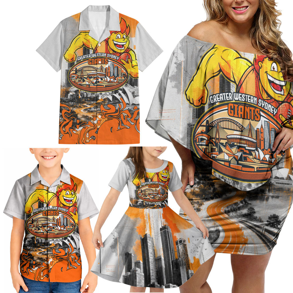 Personalised Greater Western Sydney Giants City Of Football Team Family Matching Off Shoulder Short Dress and Hawaiian Shirt Sydney City Skyline Illustration Sport Fan