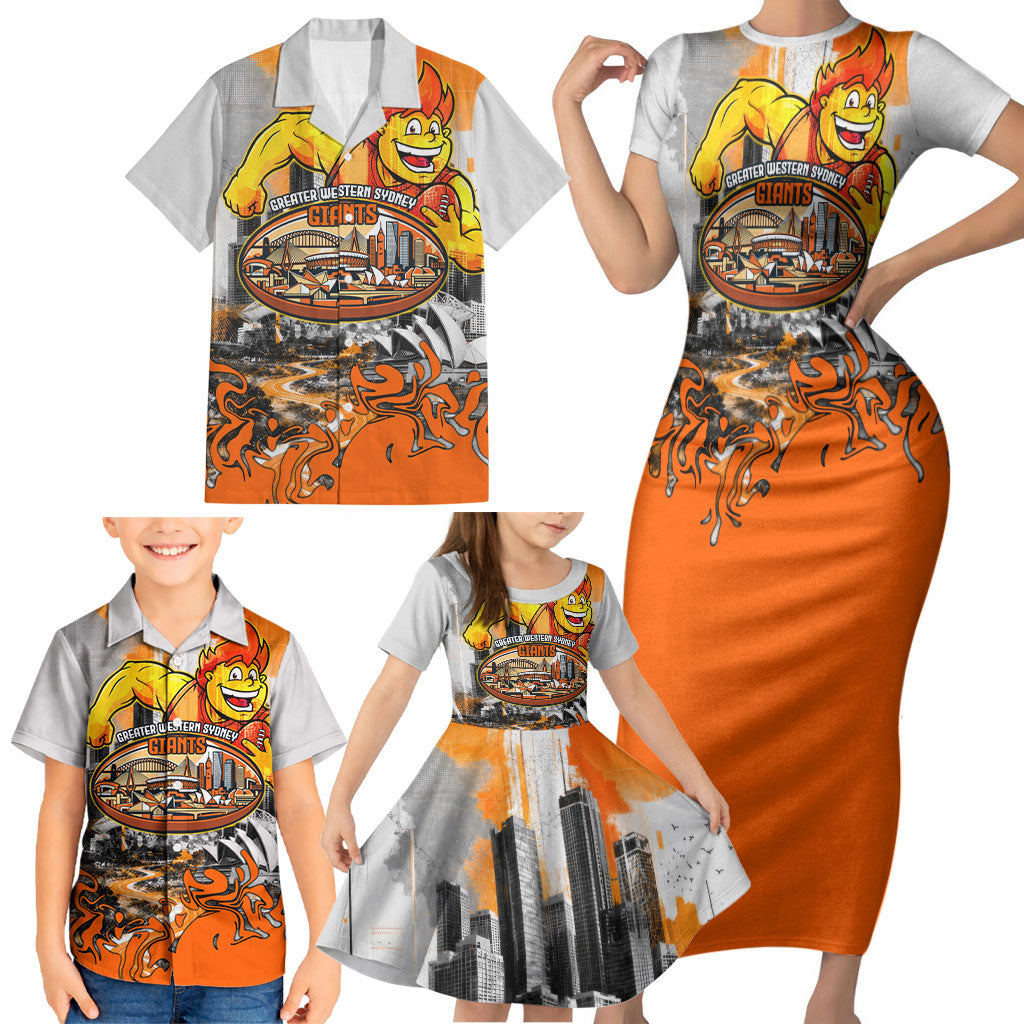 Personalised Greater Western Sydney Giants City Of Football Team Family Matching Short Sleeve Bodycon Dress and Hawaiian Shirt Sydney City Skyline Illustration Sport Fan